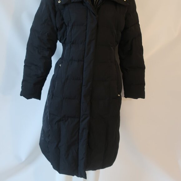 Womens Cole Haan Black Down Cluster With Feather Fill Hooded Midi Puffer Coat L - Picture 8 of 16